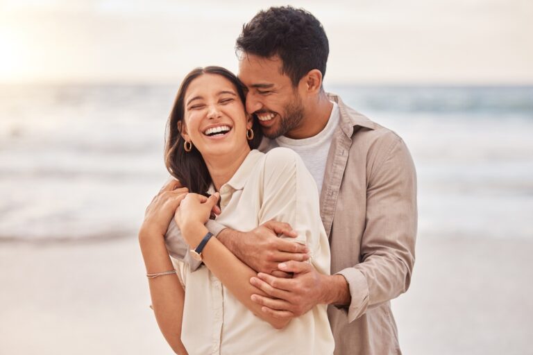 Together,,Beach,And,Happiness,With,Hug,On,Holiday,For,Having