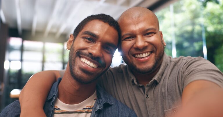Home,,Selfie,And,Gay,Couple,With,Love,,Hug,And,Bonding